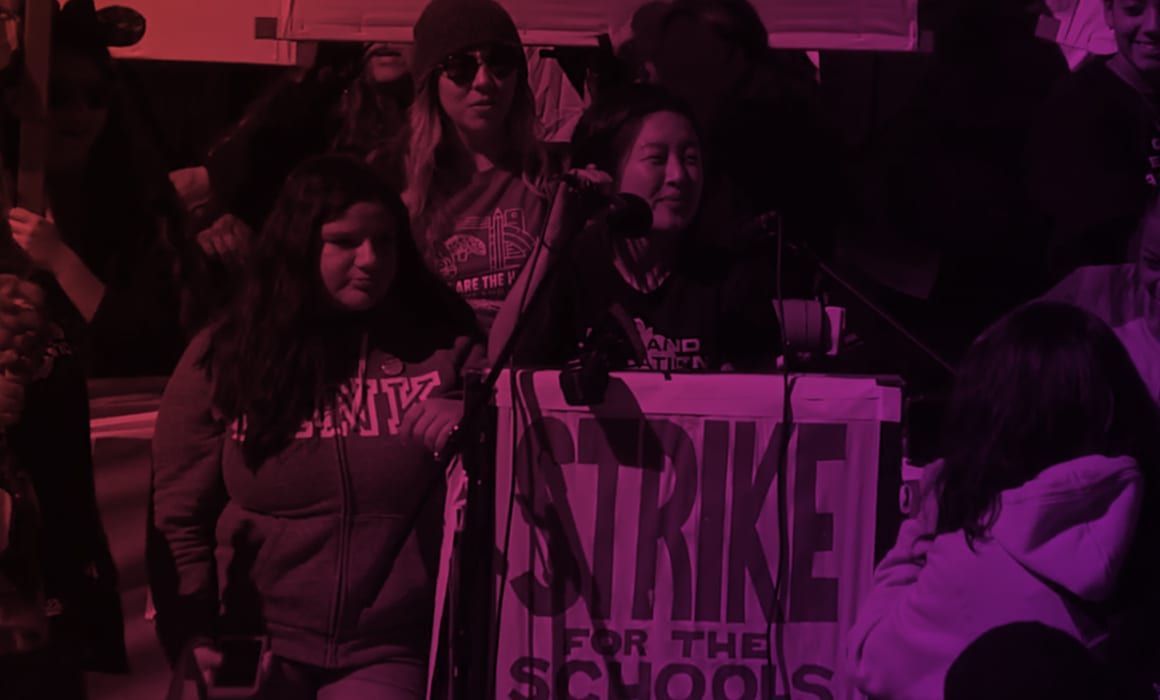 An OEA Educator speaks at the OEA Strike Rally on the first day of the Oakland Education Association strike