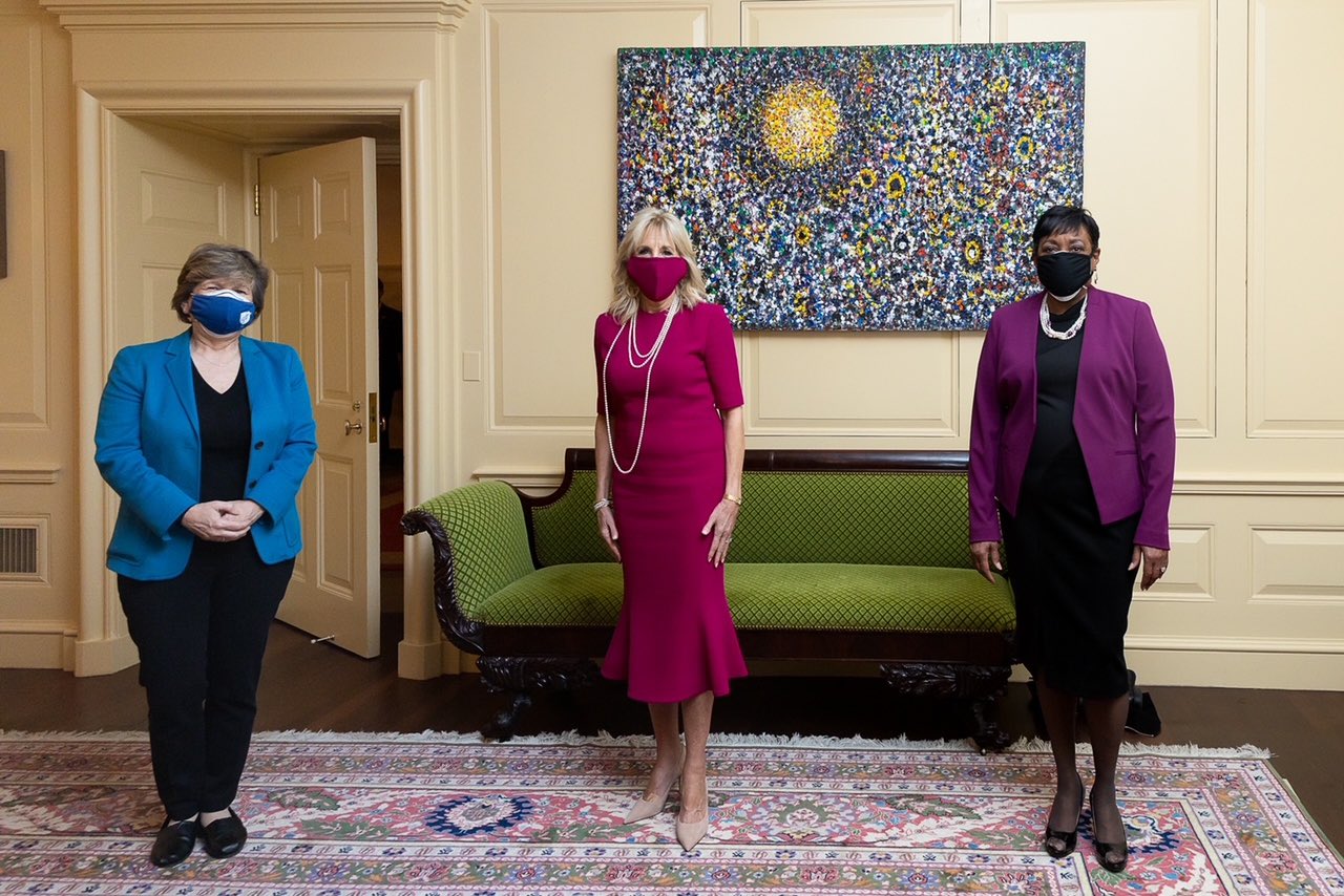 First lady Jill Biden, center, with AFT President Randi Weingarten, left, and NEA President Becky Pringle at the White House.