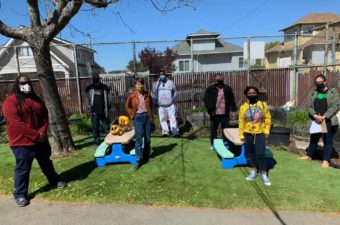 Manzanita SEED safety walkthrough with school site Safety Lead and librarian extraordinaire Mr. Todd Davis, Building Trades Council Chief Steward David Hunter, Oakland Unified School District Director Hutchinson, Manzanita SEED teacher Olivia Udovic, Administrative Assistant Rocio Gutierrez, OEA President Keith Brown, and OEA representatives Ish Armendariz, Chaz Garcia, Shelby Ziesing and Becky Flanigan.