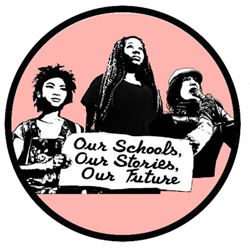 People holding sign "Our schools, our stories, our future."