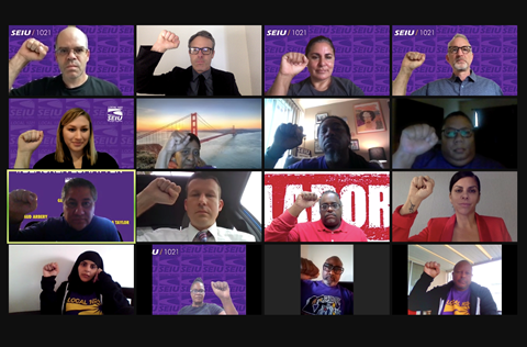 Members from the OEA and SEIU Local 1021 leadership teams on a virtual meeting to discuss ongoing organizing efforts for safe, fully staffed, and adequately funded schools.