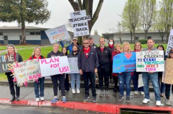 E. Toby Boyd, center, with striking Rohnert Park Cotati Educators Association members.