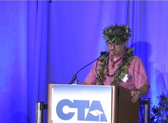 Jordan Horowitz presents the Land Acknowledgement of Tribal Lands at the CTA May 2023 State Council of Education.