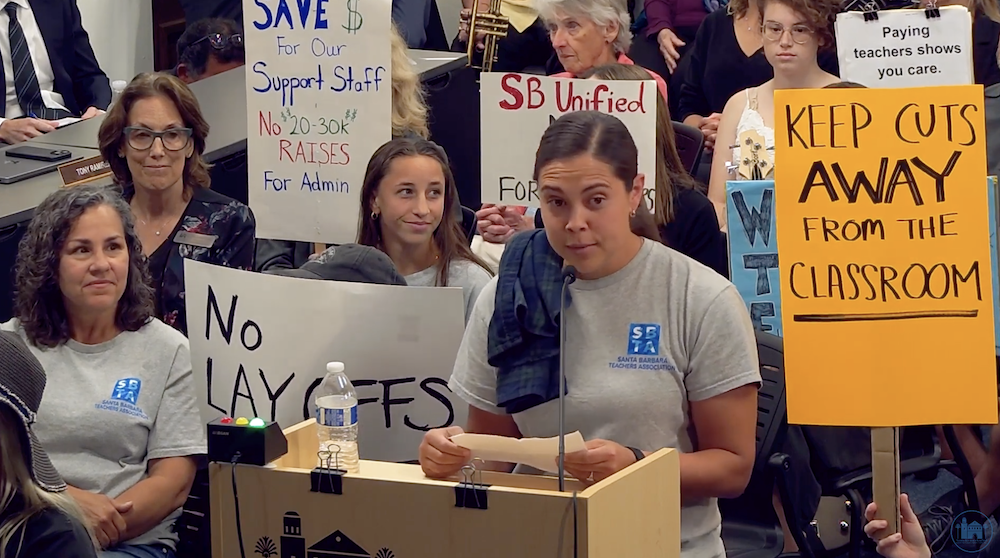 SBTA educators speak out at a school board meeting.