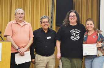 From left, Owen Jackman, ABC member–District E; Political Involvement Committee Chair Roger McCoy; Natomas TA President Mara Harvey; Woodland EA President Rebecca Bernard