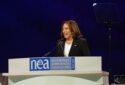 A picture of Kamala Harris addressing educators at NEA in 2022