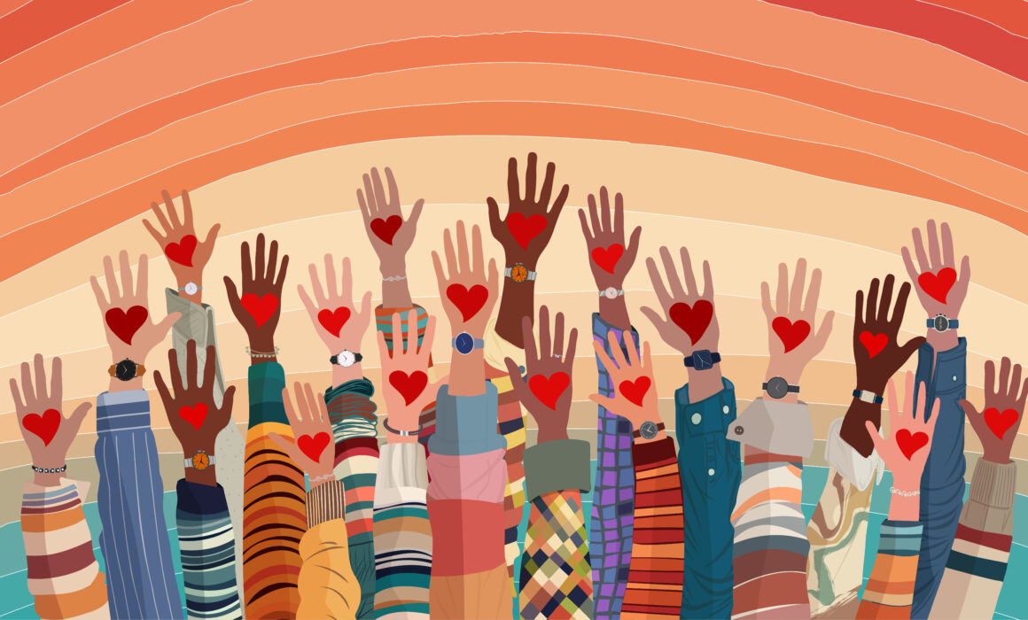 Graphic of hands raised holding hearts