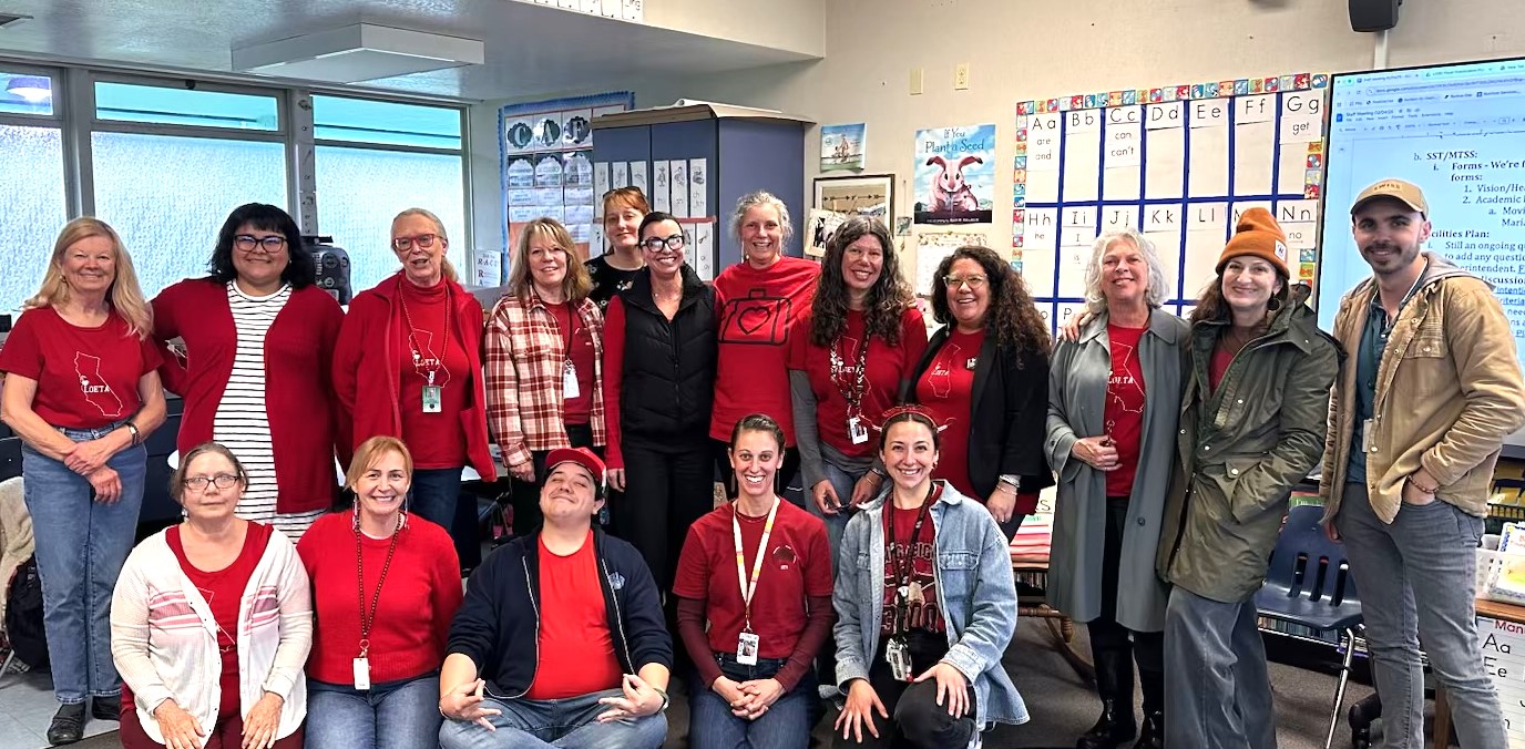 We Can’t Wait launch day at Del Mar Elementary in Santa Cruz; Live Oak Elementary Teachers Association President Lauren Pomrantz is standing fourth from right.