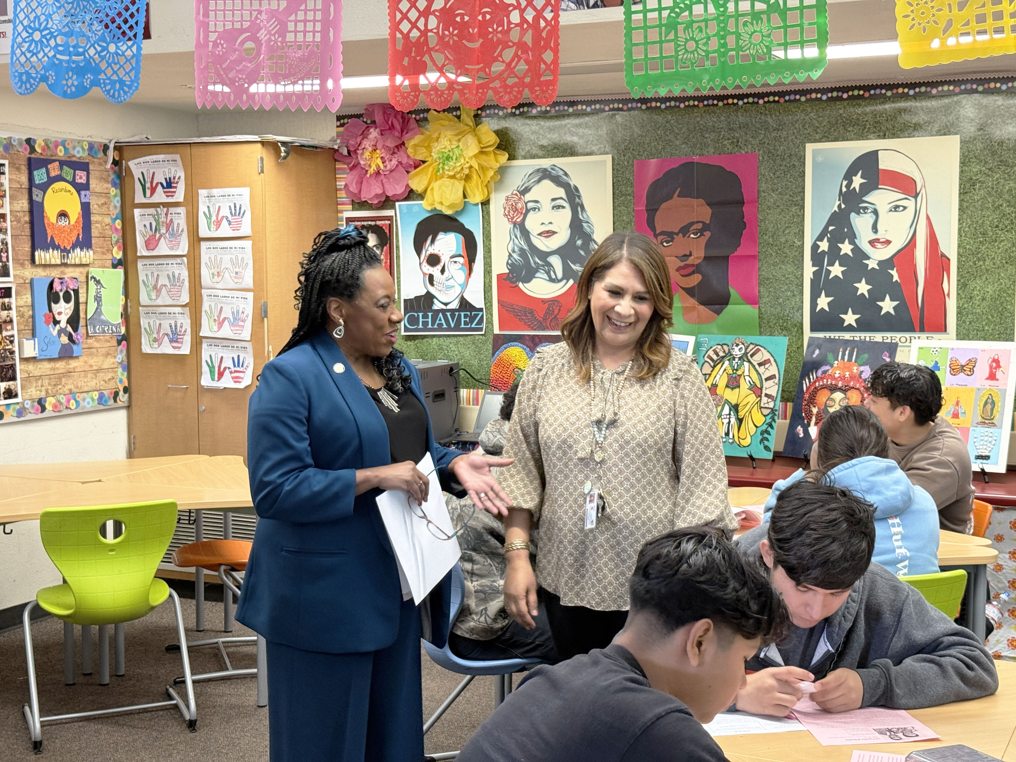 Pringle with teacher and ASTA memberVeronica Lopez at Loara High School.