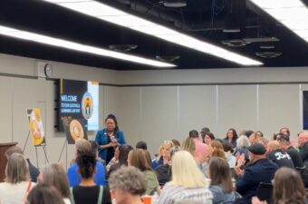 Pringle addressing participants at the National Community Schools Learning Lab in Anaheim in April.