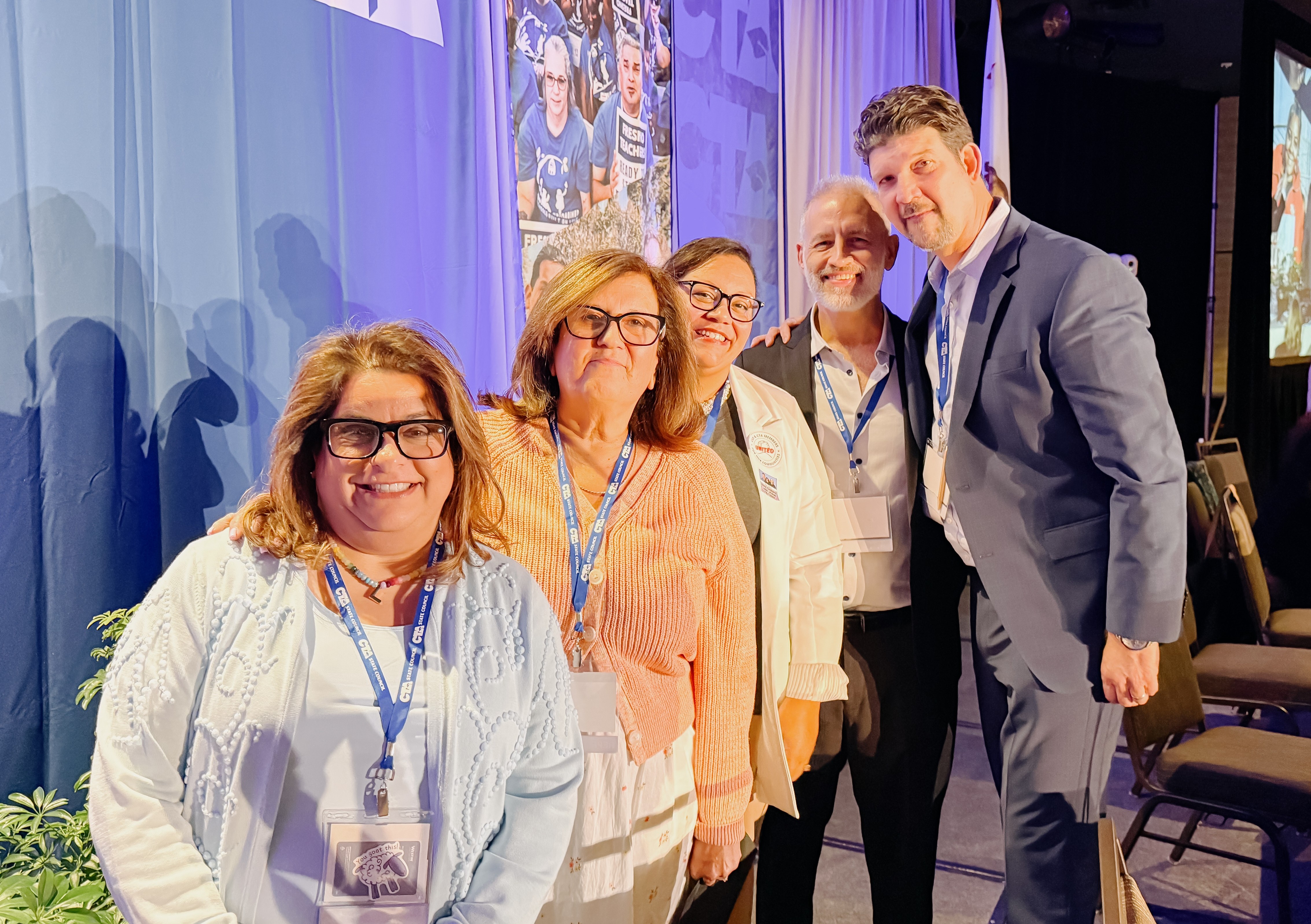 Liz Huerta-Brewster, honored at CTA State Council in April, is second from left. Left to right: CTA Vice President Leslie Littman, CTA Secretary-Treasurer Erika Jones, CTA Executive Director Jeff Good, CTA President David Goldberg.