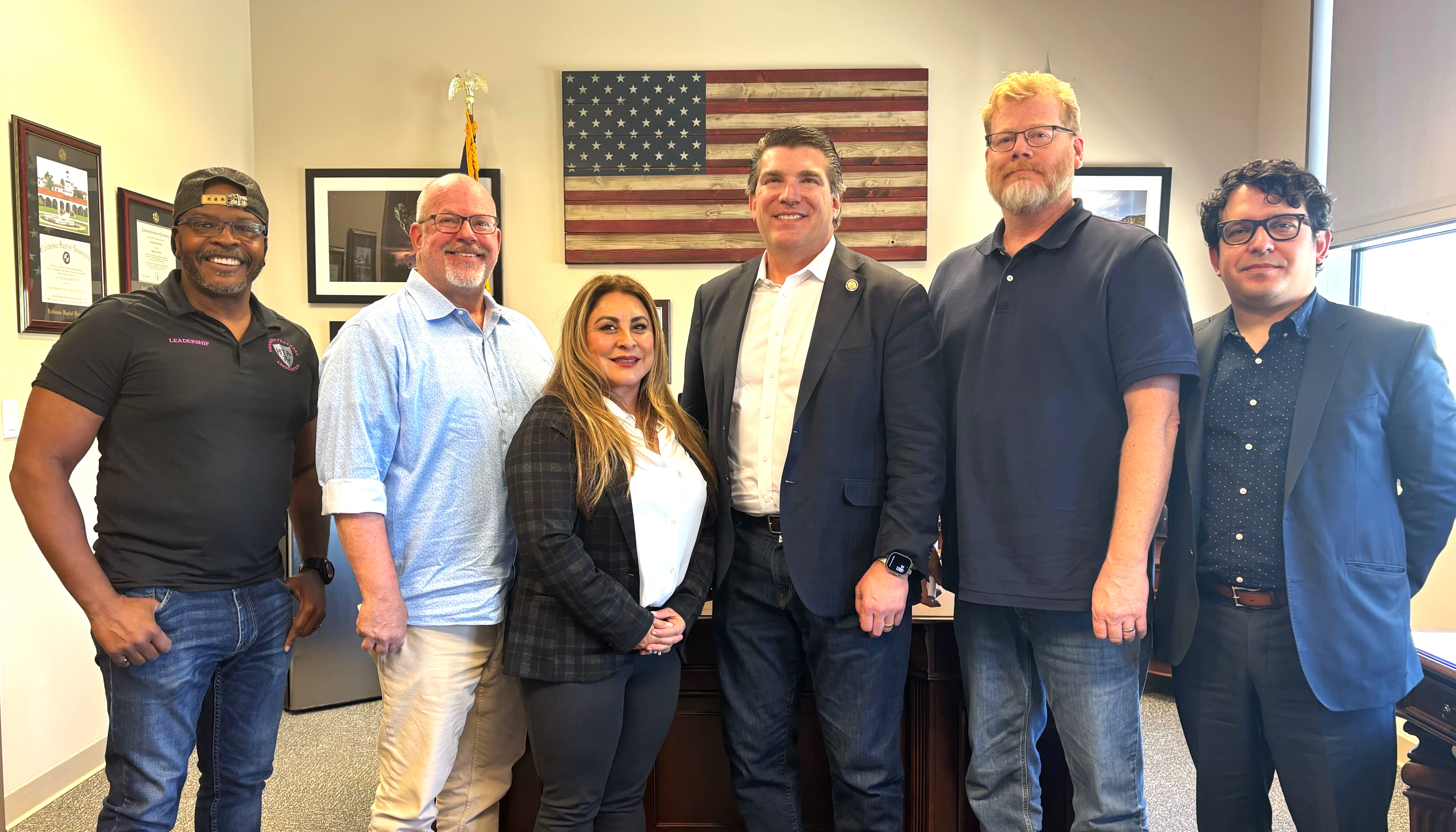 Left to right: CTA Pre-Retired member Dennis Kennedy, CTA Board Member Greg Abt, a legislative aide, Rep. Jay Obernolte, Hesperia Teachers Assn. President Jim Resvaloso and a legislative aide.