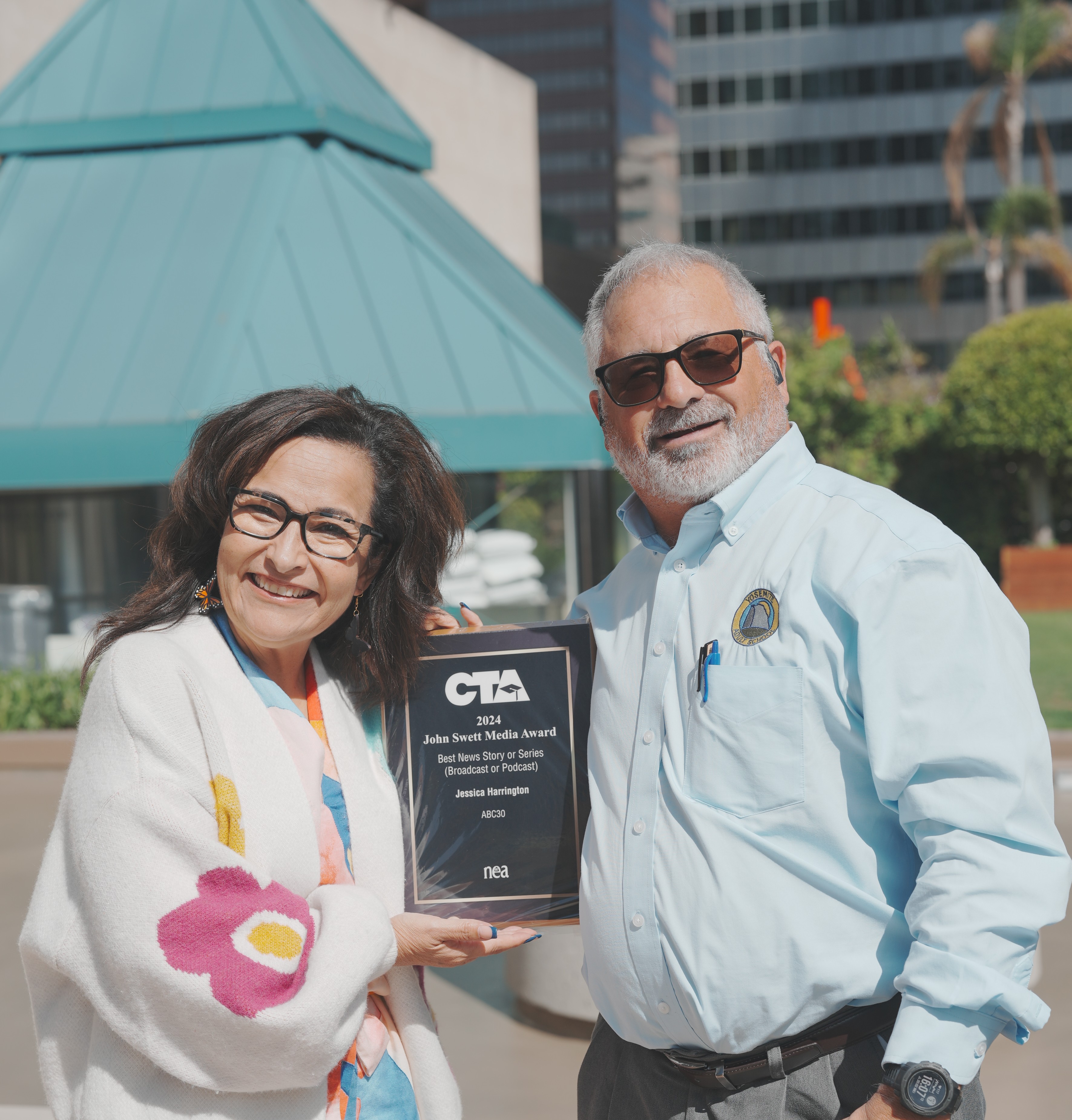 Left to right: CTA Board Member Eva Ruiz; Anthony Misner from Yosemite Unified Teachers Assn., which nominated Jessica Harrington.