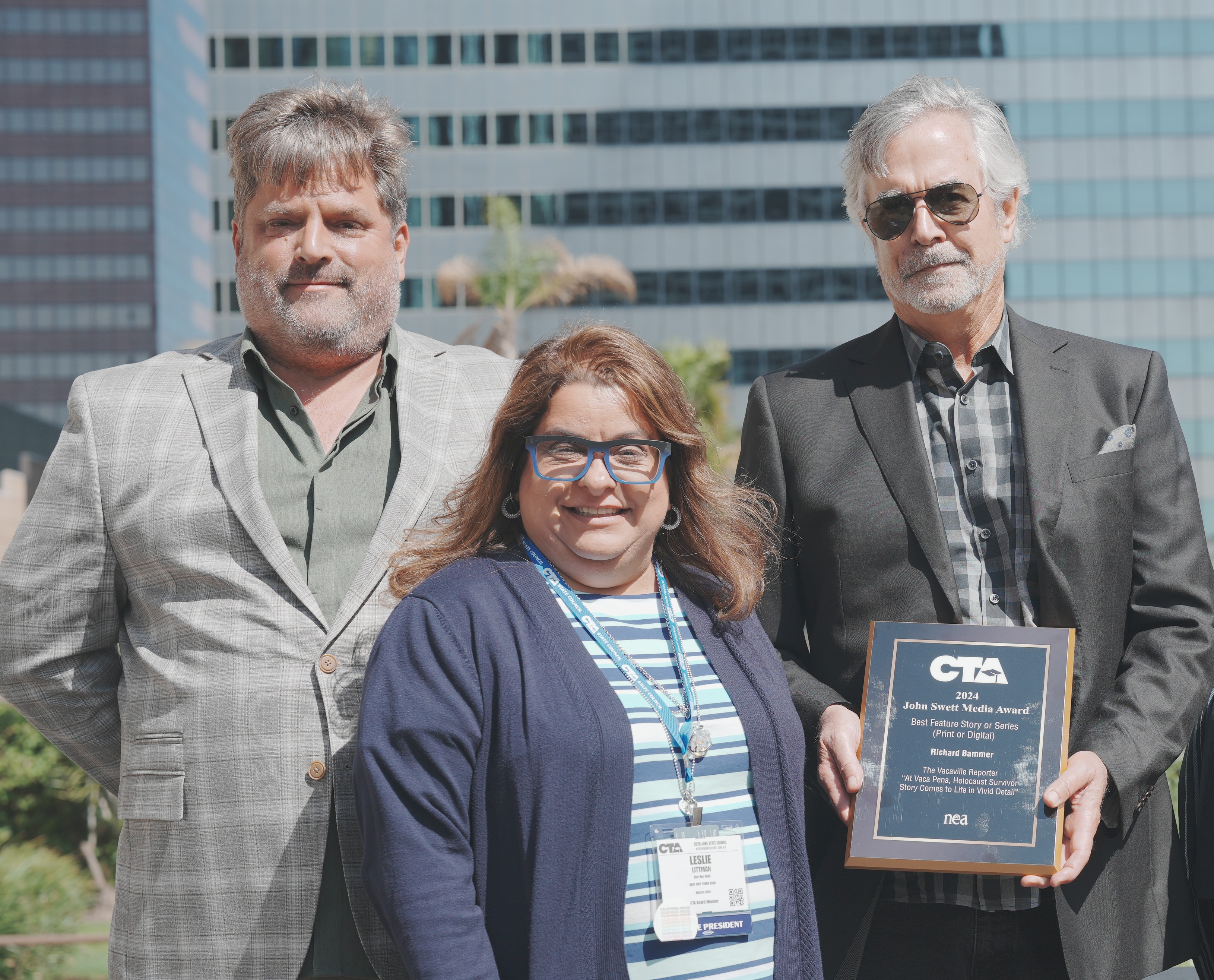 Left to right: Corey Penrose (representing Vacaville Teachers Assn., which nominated Richard Bammer); Leslie Littman; Bammer.