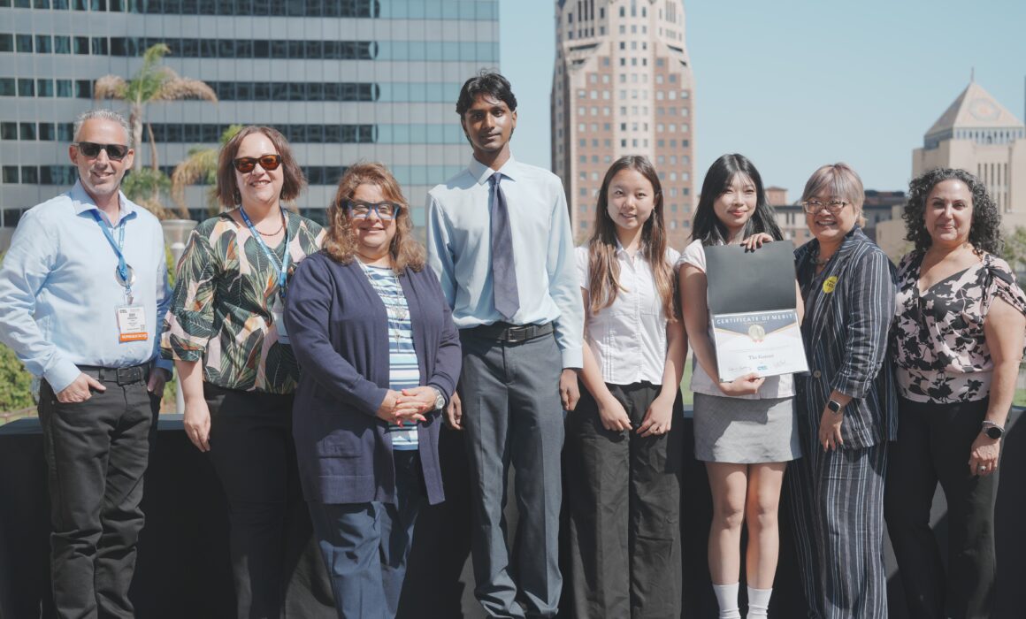 Student journalists from Oxford Academy’s The Gamut were nominated by Anaheim Secondary Teachers Assn. Left to right: ASTA President Geoff Morganstern; Oxford Academy’s Elizabeth Hind; CTA Vice President Leslie Littman; students Nathan Perera, Celine Park and Haley Nguyen; CTA Board Member Angela Der Ramos; CCA President and State Council Communications Chair Randa Wahbe.