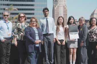 Student journalists from Oxford Academy’s The Gamut were nominated by Anaheim Secondary Teachers Assn. Left to right: ASTA President Geoff Morganstern; Oxford Academy’s Elizabeth Hind; CTA Vice President Leslie Littman; students Nathan Perera, Celine Park and Haley Nguyen; CTA Board Member Angela Der Ramos; CCA President and State Council Communications Chair Randa Wahbe.