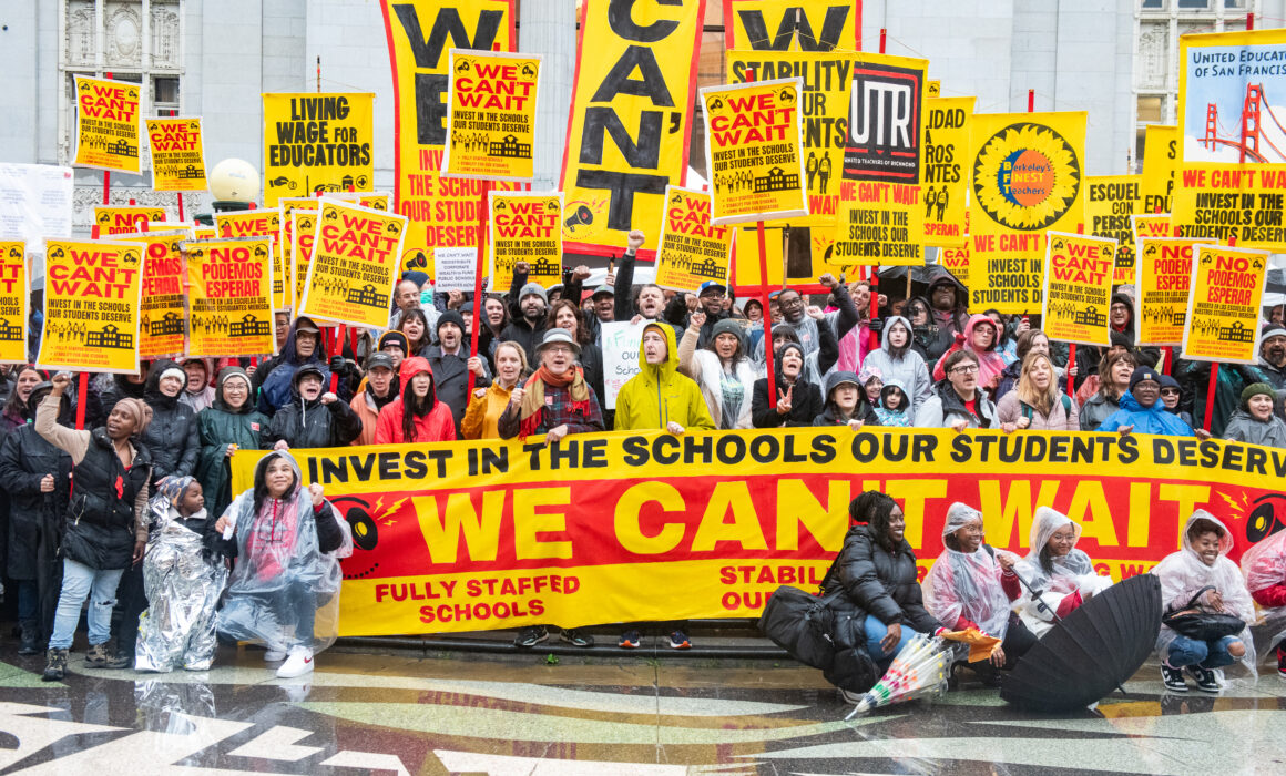 Members and allies of Oakland Education Assn., United Teachers of Richmond, United Educators of San Francisco and Berkeley Federation of Teachers at Oakland’s Frank Ogawa Plaza at the We Can’t Wait launch in February.