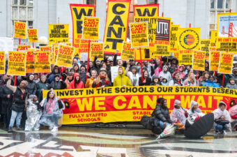 Members and allies of Oakland Education Assn., United Teachers of Richmond, United Educators of San Francisco and Berkeley Federation of Teachers at Oakland’s Frank Ogawa Plaza at the We Can’t Wait launch in February.