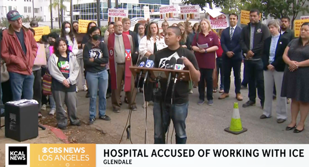 A press conference outside a Glendale hospital in July called on security agents employed by ICE to leave thehospital, where they were monitoring a woman who became gravely ill when she was detained.