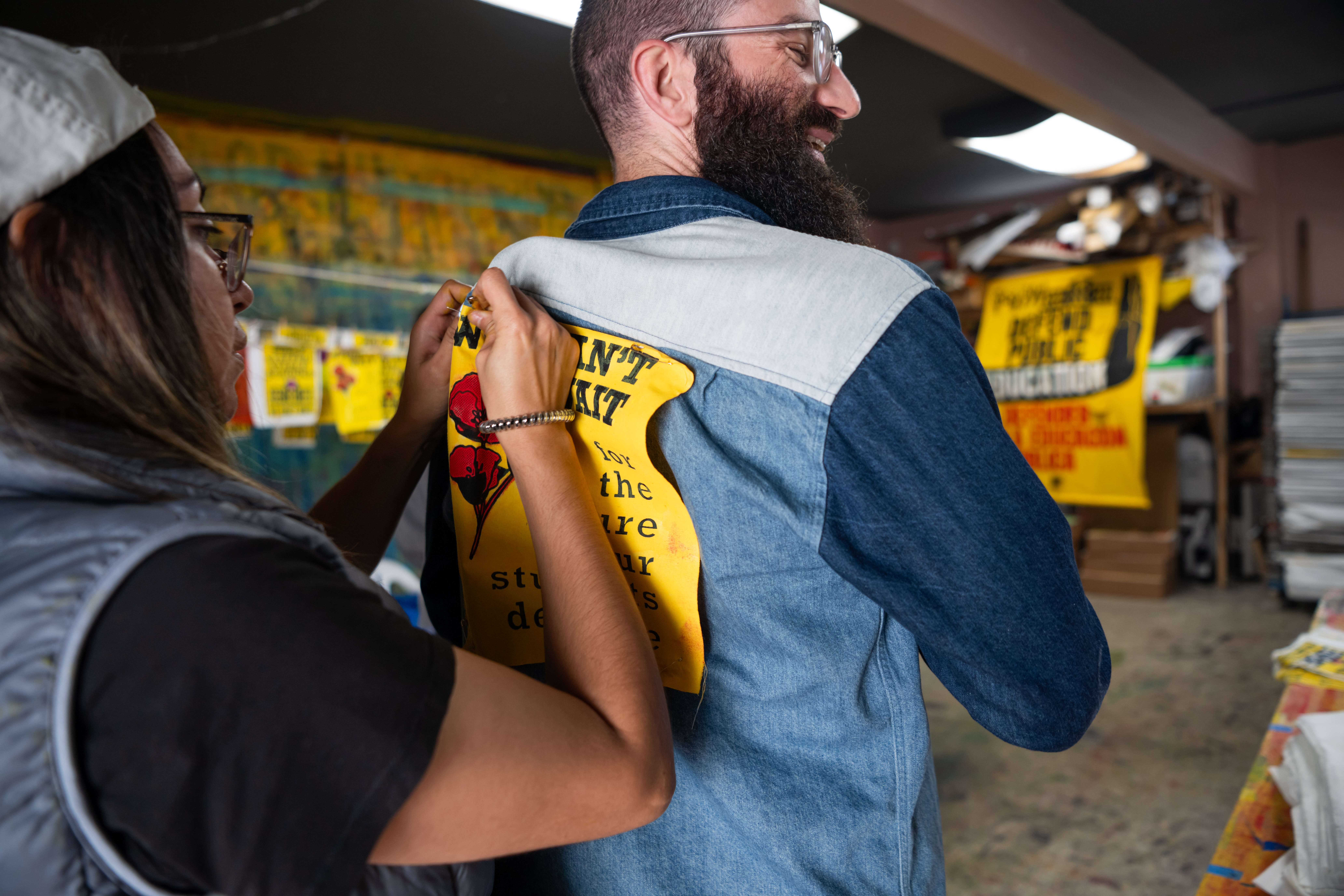 Walking art: A strong message is pinned onto a shirt.