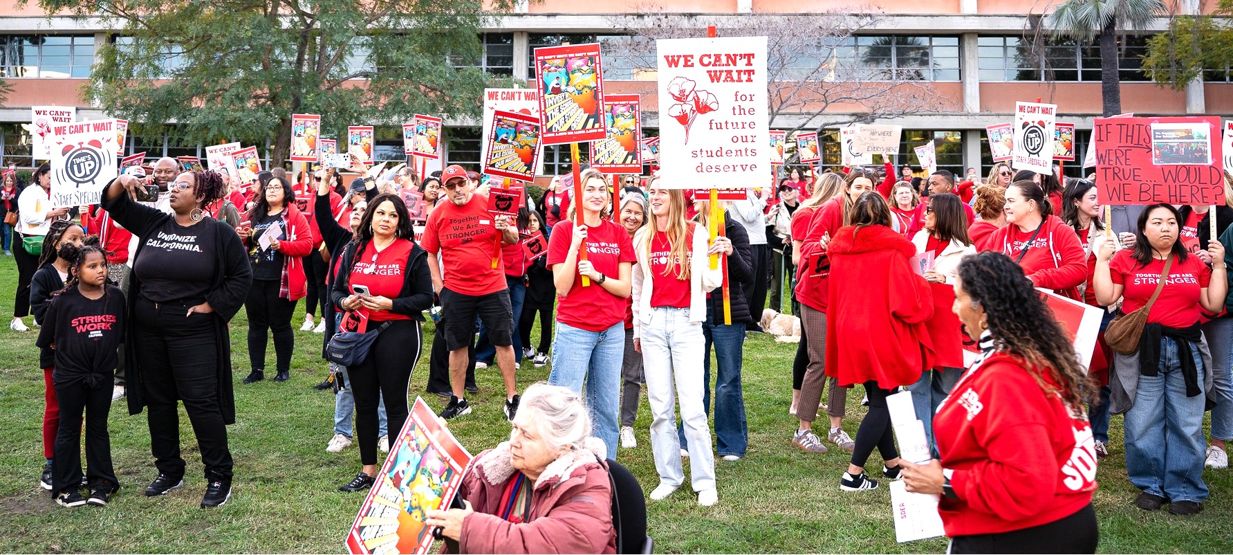 Educators and allies at a San Diego Unified schoolboard meeting in late January; SDEA educators reached agreement with the district in February, after authorizing a one-day strike. Photo: Natalya Hamilton.