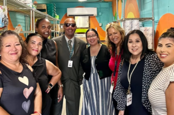 Far right: Central Unified Teachers Assn. members Alex Mejia, community schools site committee member, and to her right Judee Martinez, Teague community schools site coordinator and CUTA bargaining advisory team for community schools member. Others pictured: Betty Barajas, Teague classified community schools member (far left), school/district administrators and a community partner.