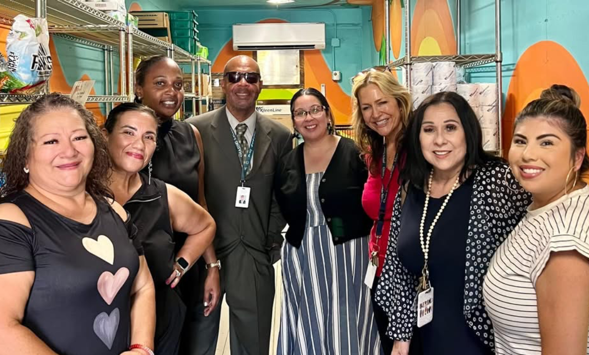 Far right: Central Unified Teachers Assn. members Alex Mejia, community schools site committee member, and to her right Judee Martinez, Teague community schools site coordinator and CUTA bargaining advisory team for community schools member. Others pictured: Betty Barajas, Teague classified community schools member (far left), school/district administrators and a community partner.
