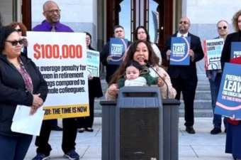 Front row, left to right: CTA Secretary-Treasurer Erika Jones, Natomas Teachers Association member Lydiana Alfaro and her baby, Asm. Cecilia Aguiar-Curry in 2024 supporting the Paid Pregnancy Leave for Educators Act. Similar bill AB 65 is currently working its way through the Legislature.