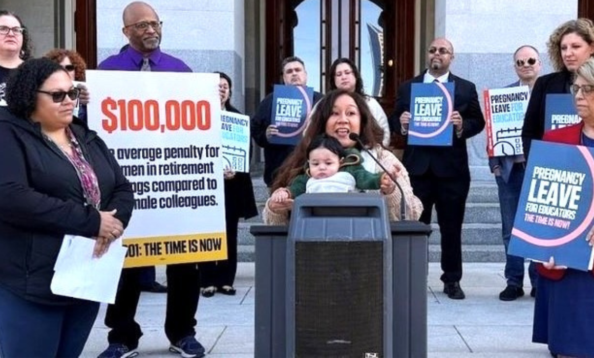 Front row, left to right: CTA Secretary-Treasurer Erika Jones, Natomas Teachers Association member Lydiana Alfaro and her baby, Asm. Cecilia Aguiar-Curry in 2024 supporting the Paid Pregnancy Leave for Educators Act. Similar bill AB 65 is currently working its way through the Legislature.