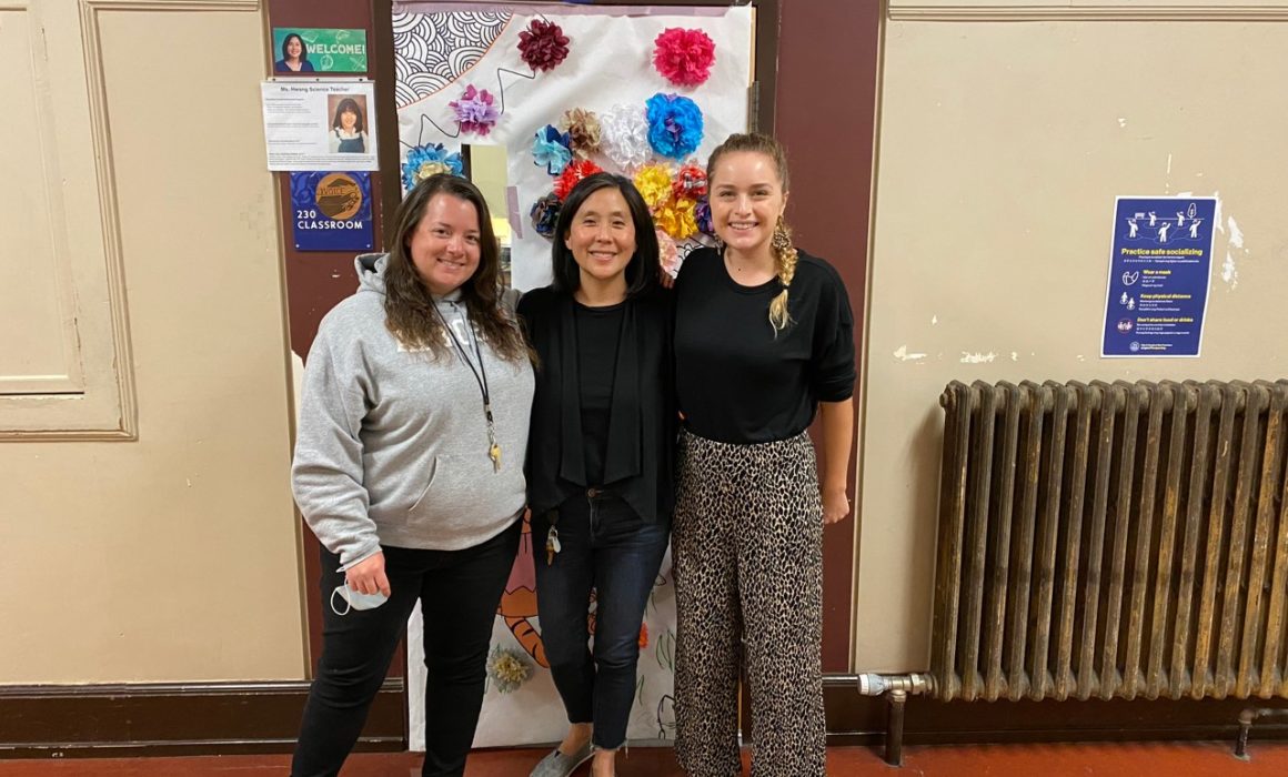 Elyse Johansson, Lena Hwang and Rachel Herrera at Aptos Middle School in San Francisco in 2022. Hwang is a mentor teacher; Johansson and Herrera were resident teachers under her and now both teach in the district.