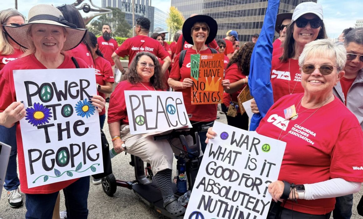 CTA/NEA-Retired members at the No Kings protest in March in LA. Inset: Members at this year’s annual conference, also in March.