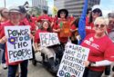 CTA/NEA-Retired members at the No Kings protest in March in LA. Inset: Members at this year’s annual conference, also in March.