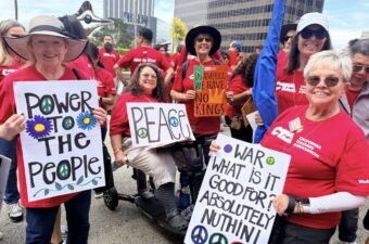 CTA/NEA-Retired members at the No Kings protest in March in LA. Inset: Members at this year’s annual conference, also in March.