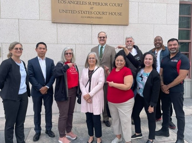 Karen Roberts, center, and Community College Assn. and Long Beach City Faculty Assn. officers and other supporters attend ahearing in 2024. The outcome: The CTA-backed lawsuit filed by Long Beach City College instructors Roberts and Seija Rohkea was able to expand to include multiple LBCC faculty; the 2025 landmark ruling has since impacted community college districts statewide.