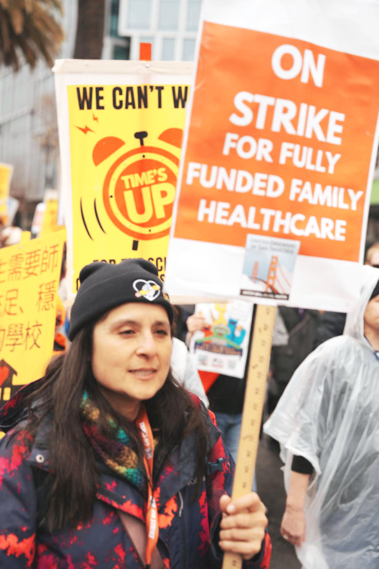 Educators across the state are demanding fully funded family health care; at left, UESF educators on strike, and at right, a UTLA rally in late 2025.