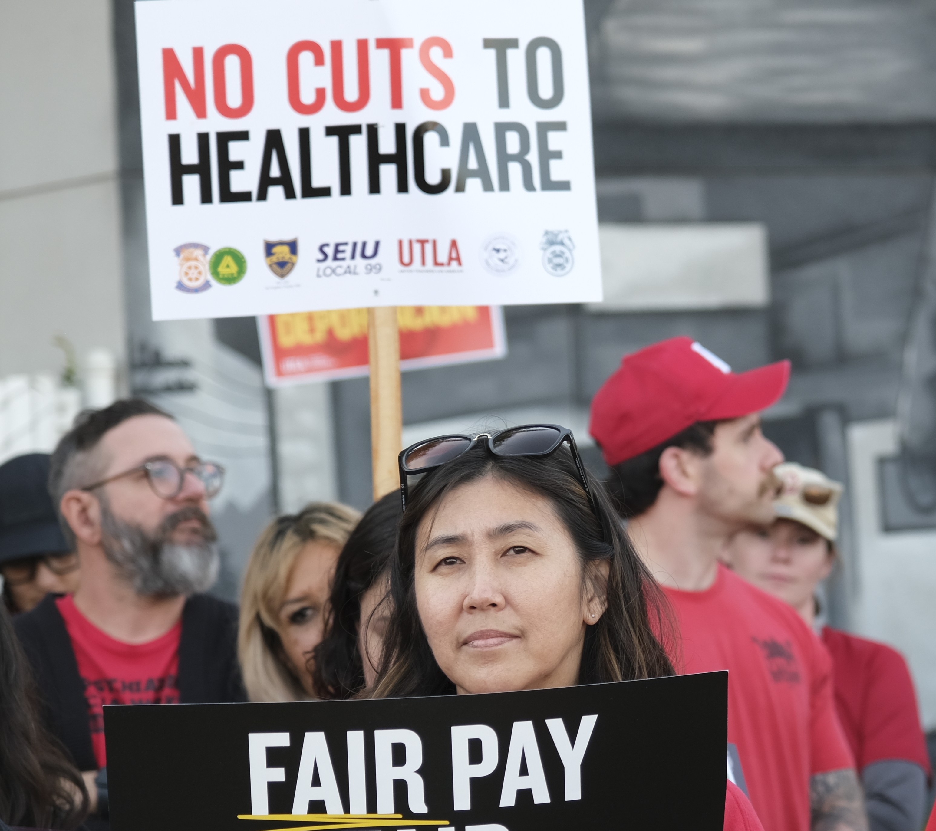 Educators across the state are demandingfully funded family health care; at left, UESF educators on strike, and at right, a UTLA rally in late 2025.